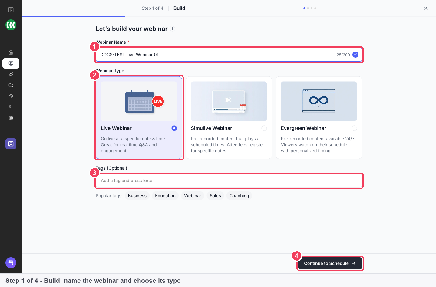 The webinar type cards: Live, Simulive and Evergreen