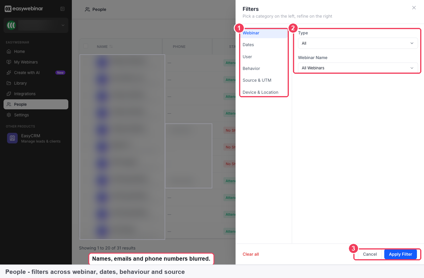 The Filters panel with the six categories on the left, the Webinar refinements on the right, and Apply Filter marked