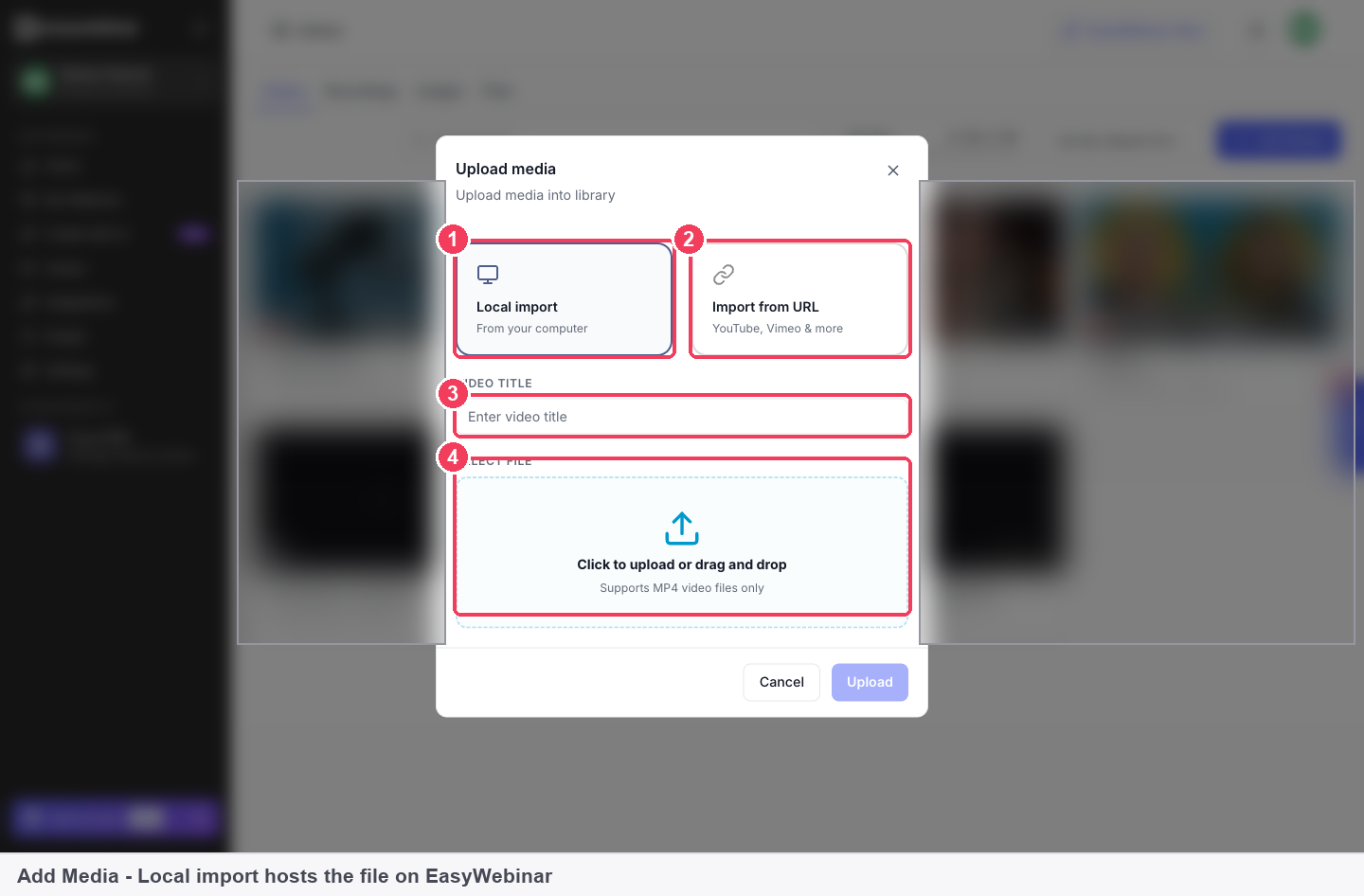 The Upload media dialog with Local import selected, a video title field and the file drop area