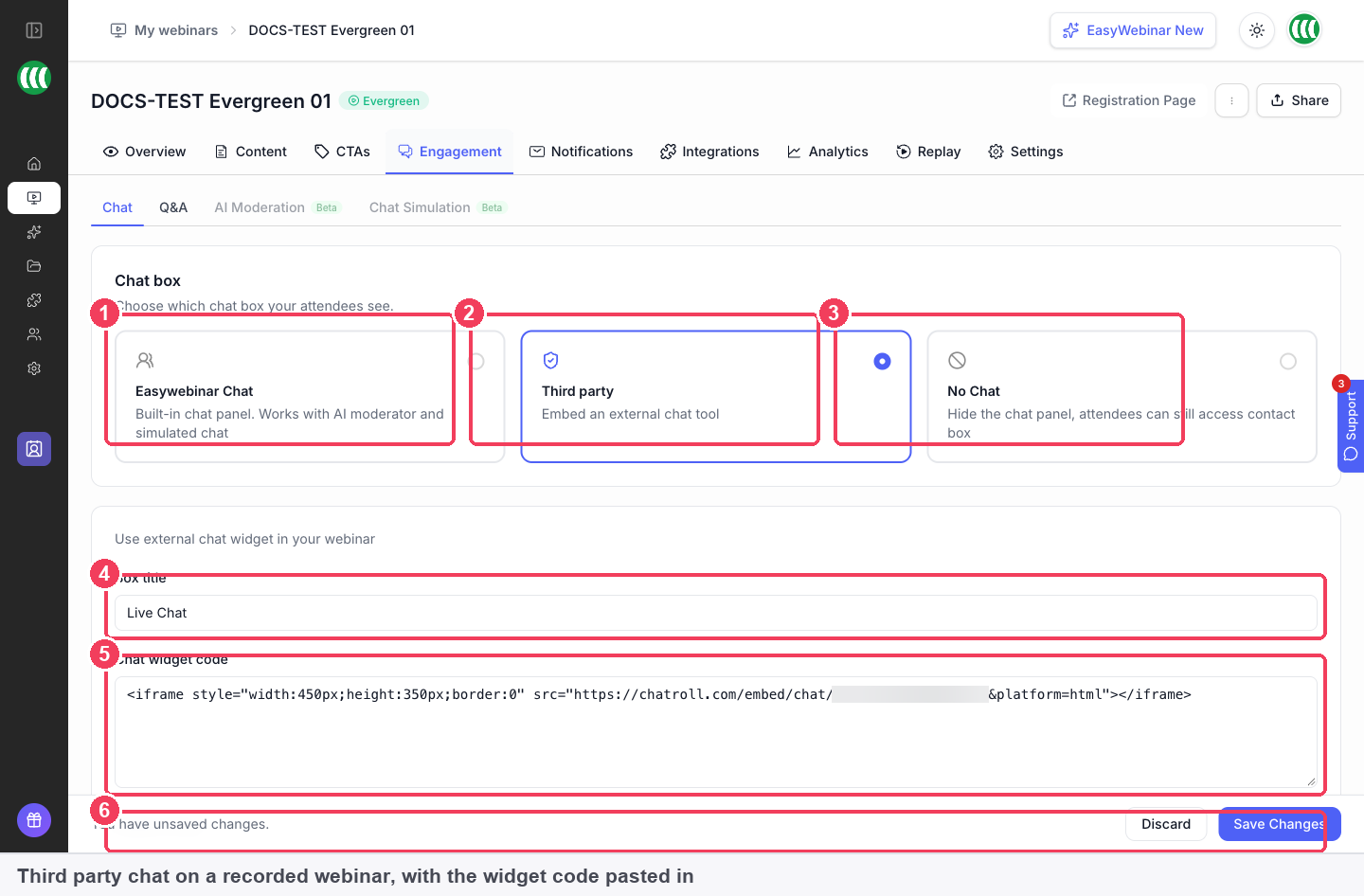 The Chat section on an evergreen webinar with Third party selected, a box title and Chatroll widget code pasted in