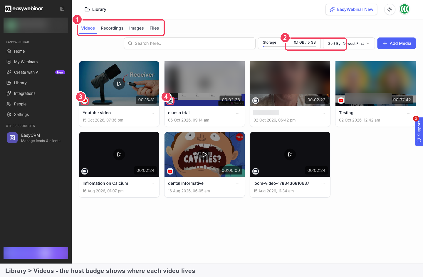 The Library Videos tab with the four tabs, the storage meter and host badges on each video card