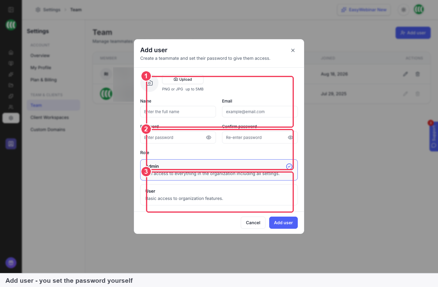 The Add user dialog with name, email, password and role