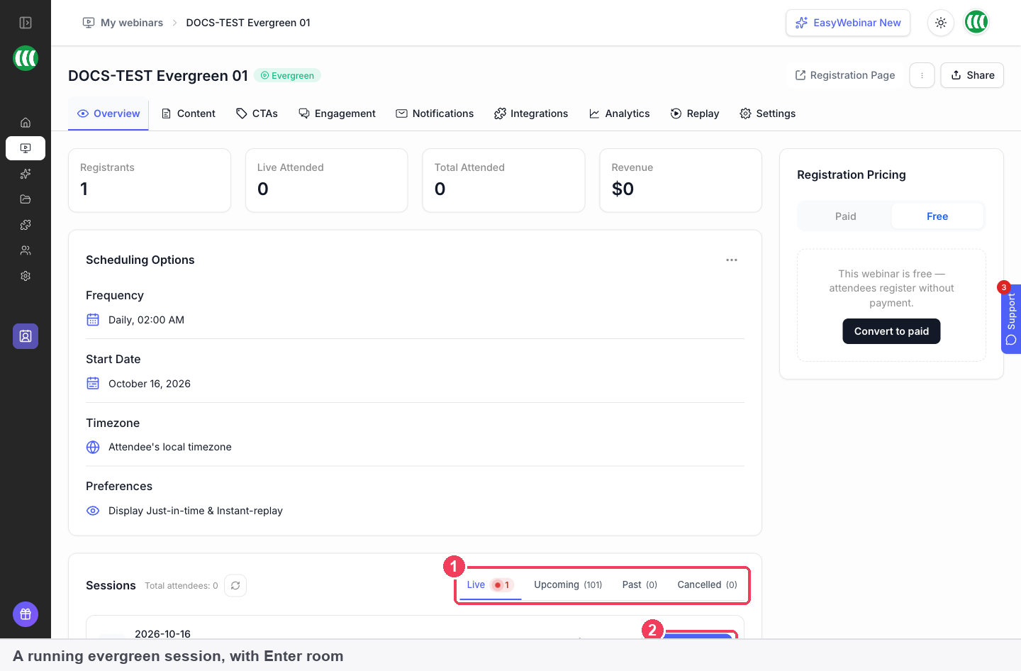 The Sessions panel of an evergreen webinar with the Live tab selected and Enter room on a running session