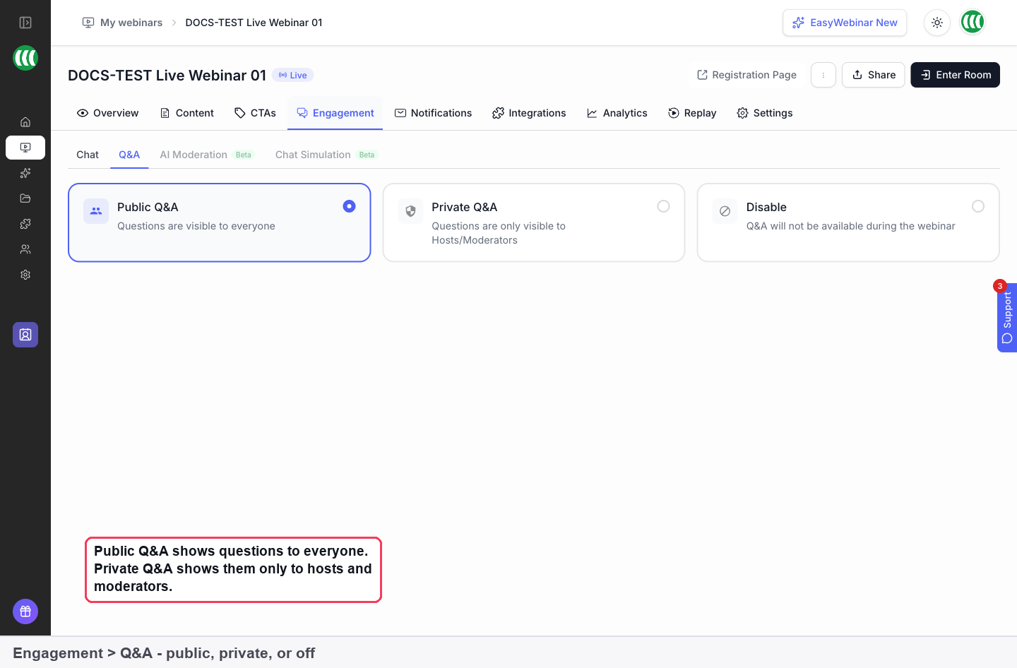 The Q&A section of the Engagement tab with Public Q&A selected and Private Q&A and Disable alongside