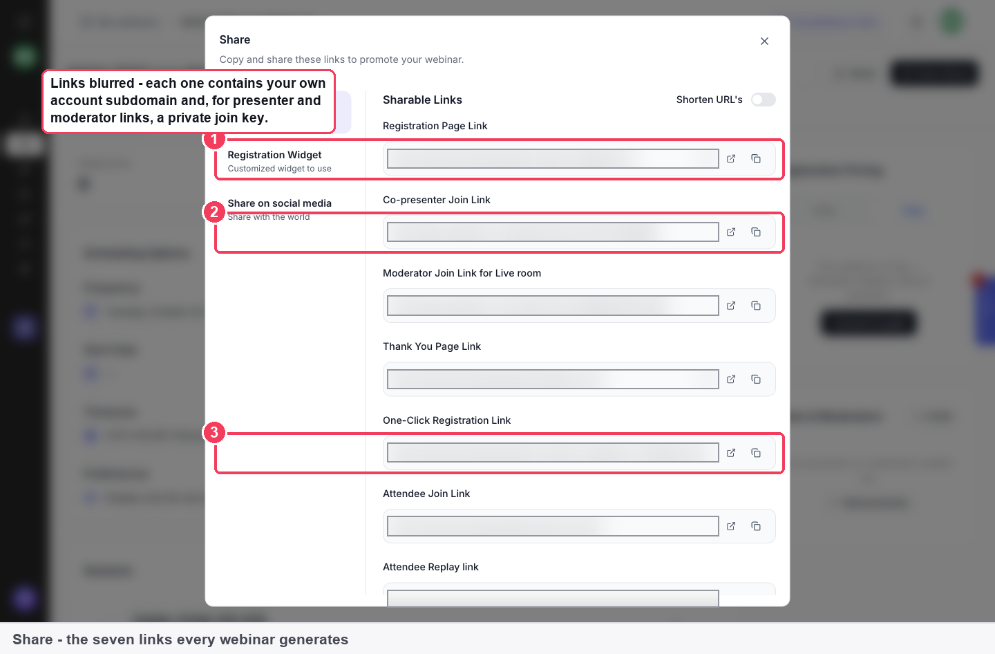 The Share dialog with Registration Widget, Share on social media and the list of sharable links