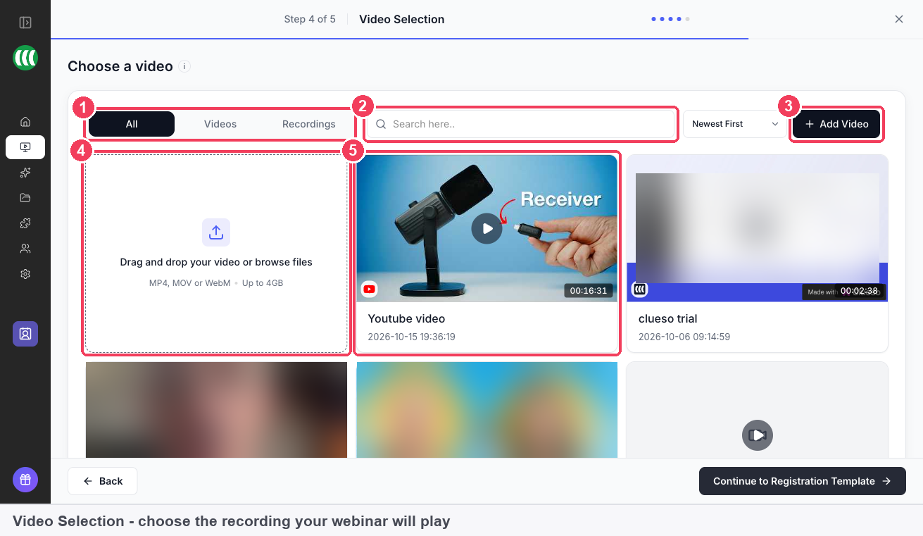 The Video Selection step for an evergreen webinar, with filters, search, Add Video, the upload area and the library