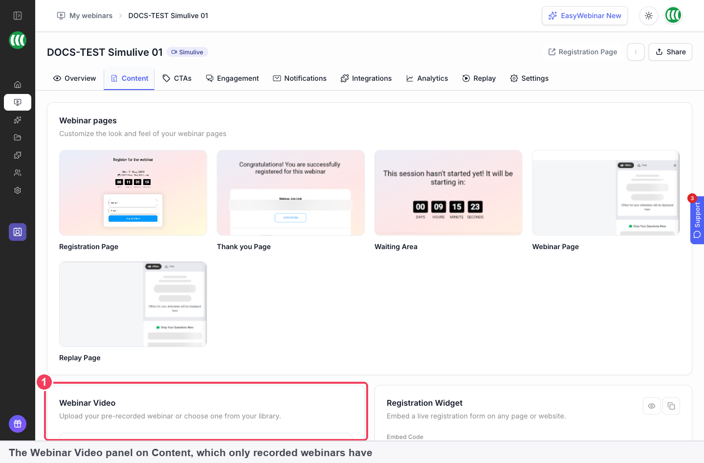 The Content tab of a simulive webinar, with the five webinar pages and the Webinar Video panel marked