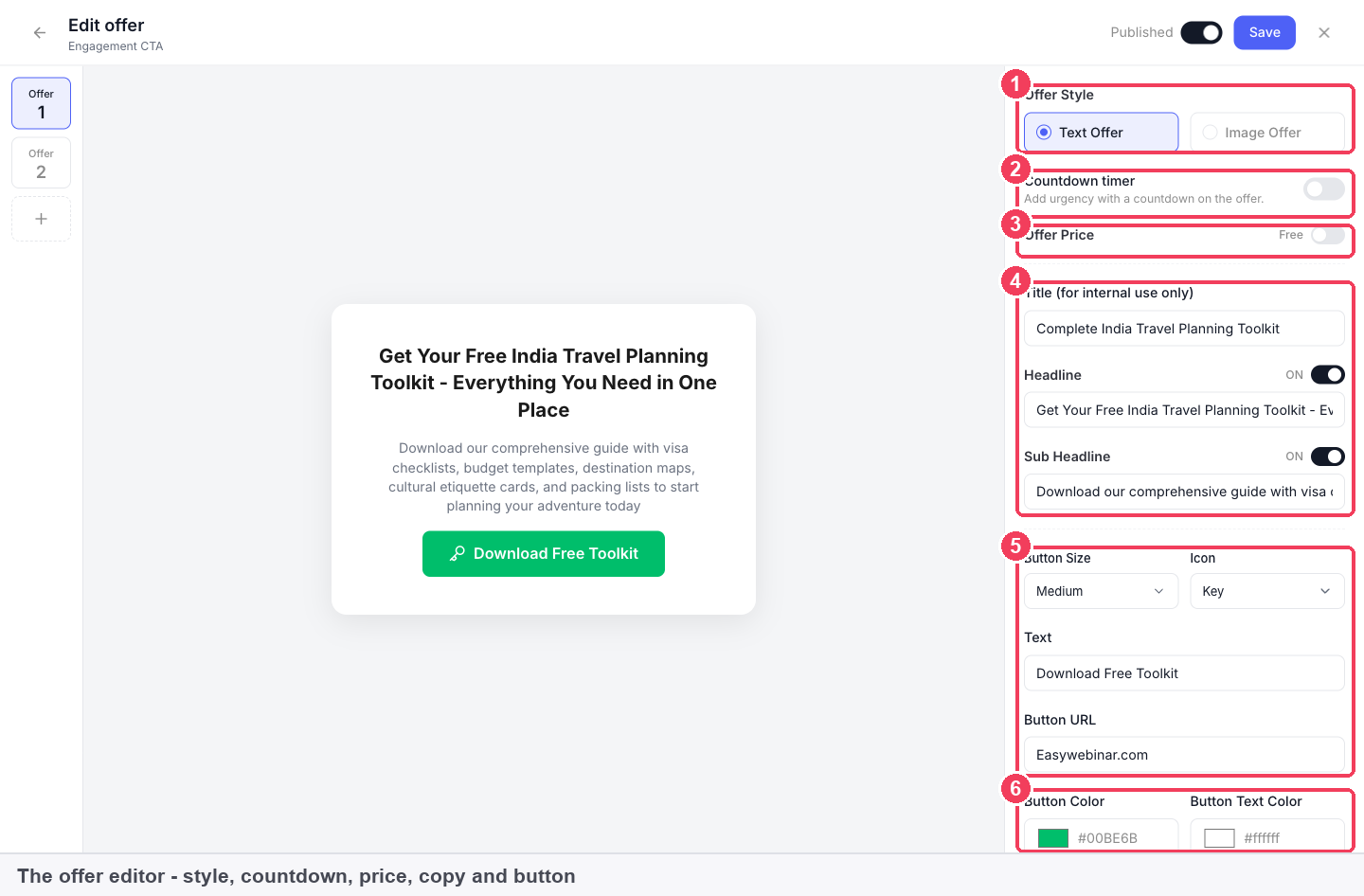 The offer editor showing style, countdown timer, price, copy and button settings