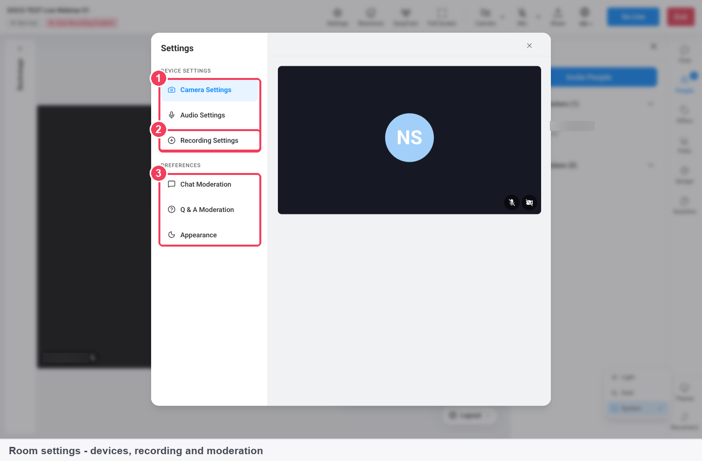 The room Settings dialog with Device settings, Recording Settings and Preferences marked