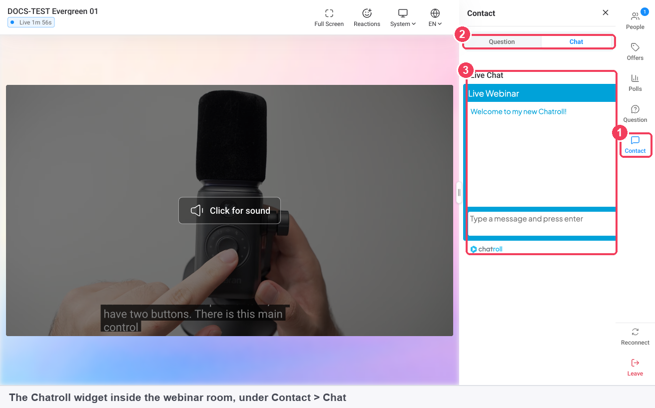 The webinar room seen as an attendee, with the Contact panel open on its Chat tab showing the embedded widget