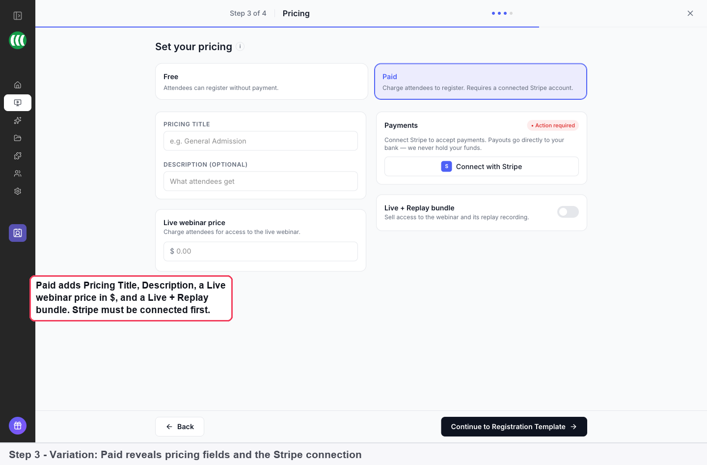 The paid pricing step with price fields and the Stripe connection panel