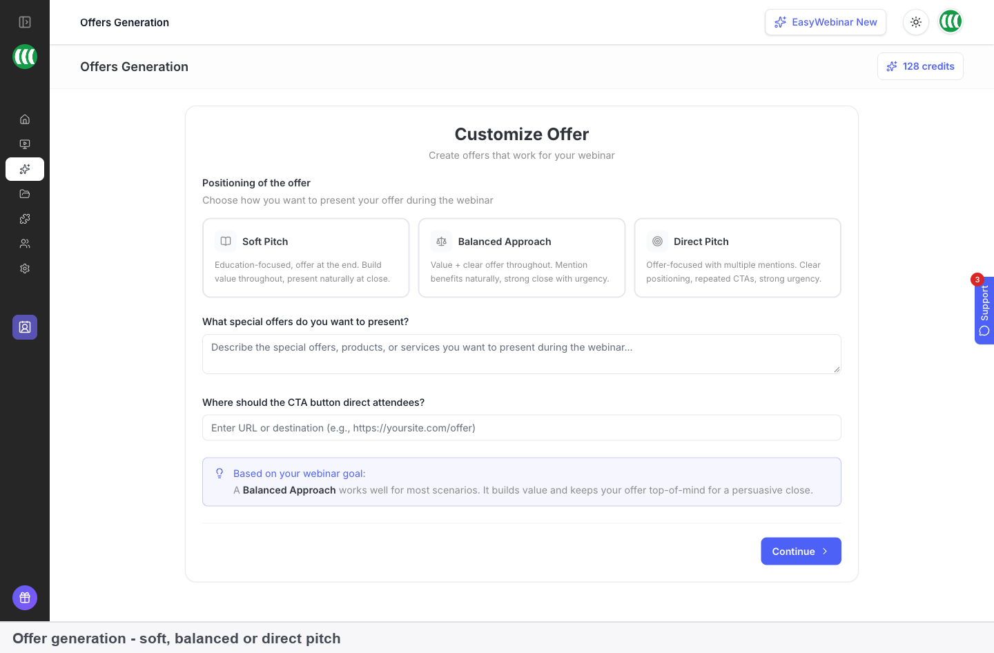 Offer generation with the three positioning options, a description box for the offer and a field for the button destination