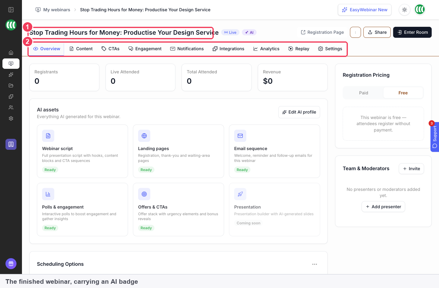 The finished webinar's Overview tab, with the AI badge beside the title and the nine tabs marked