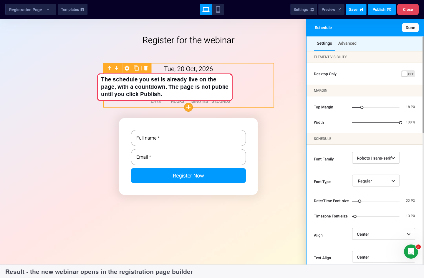 The registration page builder with the webinar date, countdown and registration form
