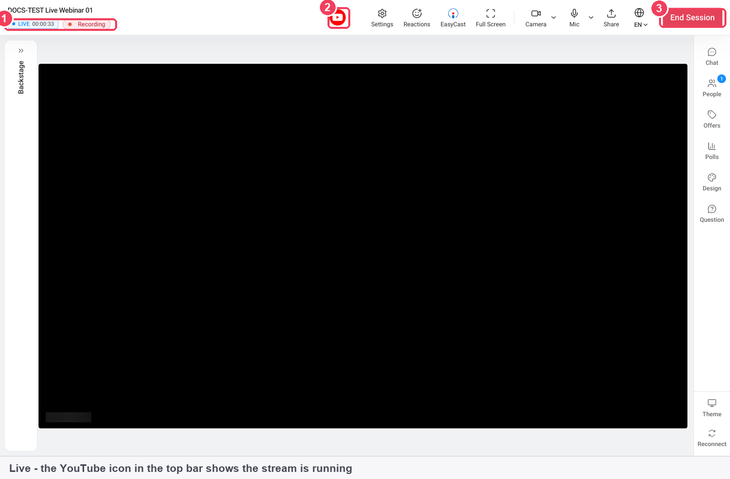 The room broadcasting, with the LIVE timer and Recording badge, a streaming platform icon and End Session marked